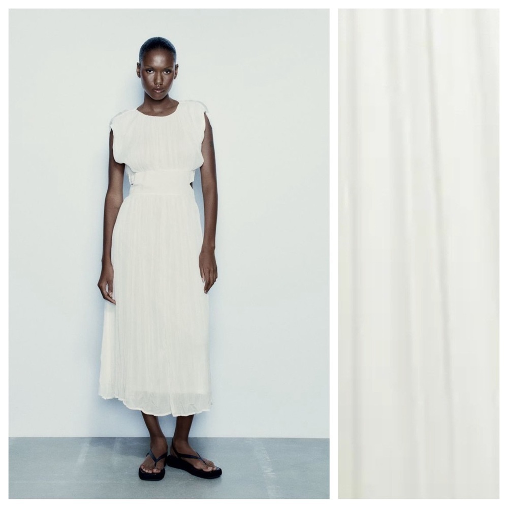 NWT. Zara Oyster White Cut Out Pleated Midi Dress. Size XS, M, S.